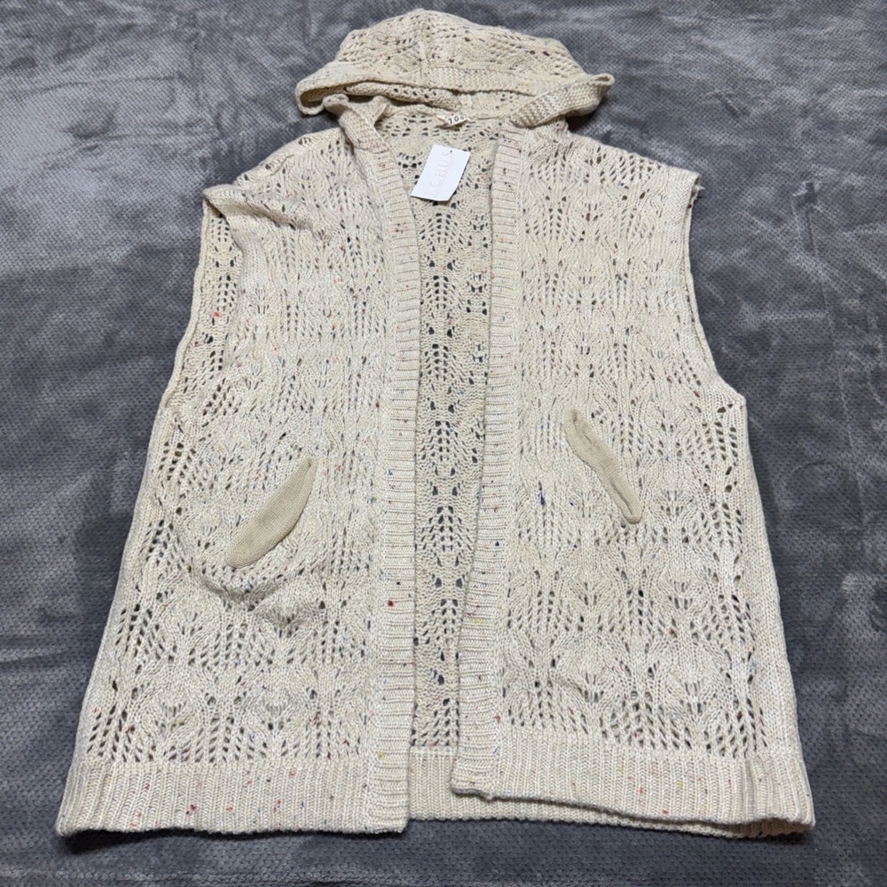 POL Clothing Beige Confetti Knit Hooded Long Vest Open Front Womens Large